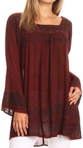 Sakkas Elena Tribal Nature Square Neck Bell Sleeve Stonewashed Top#color_Red
