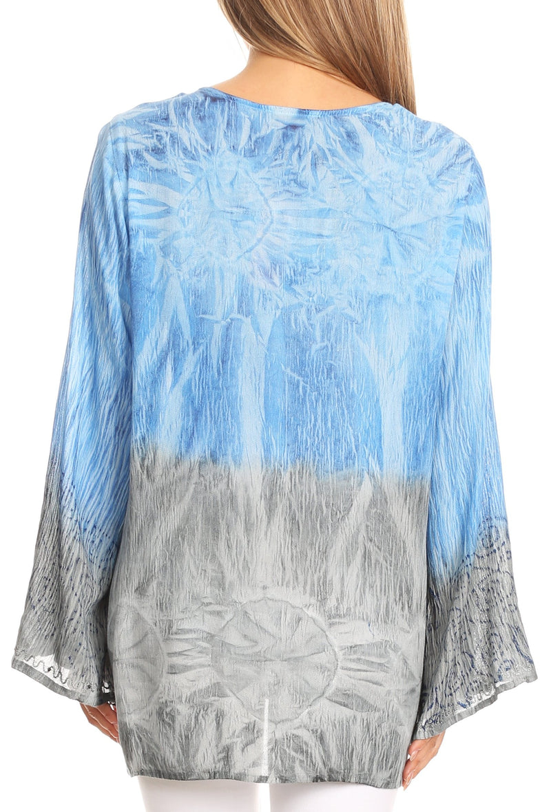Sakkas Janel Long Bell Sleeve Tie Dye Blouse with Sequins and Embroidery