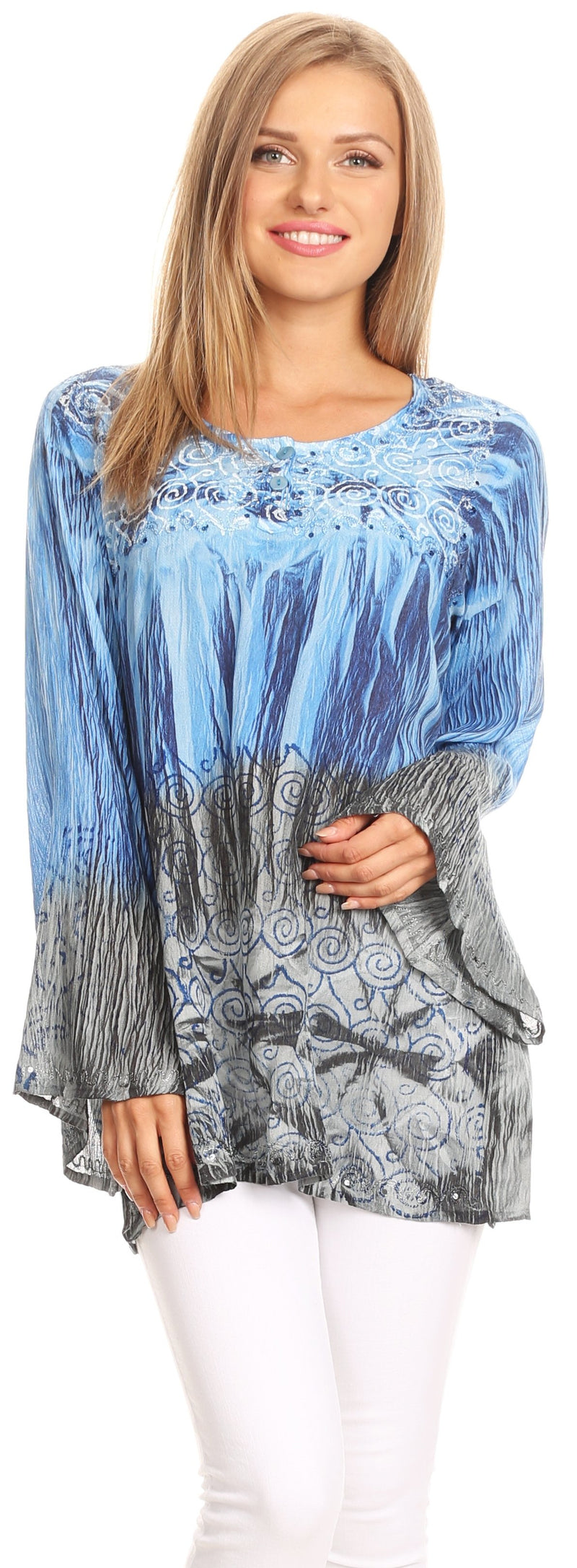 Sakkas Janel Long Bell Sleeve Tie Dye Blouse with Sequins and Embroidery