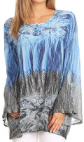 Sakkas Janel Long Bell Sleeve Tie Dye Blouse with Sequins and Embroidery#color_Blue / Black 