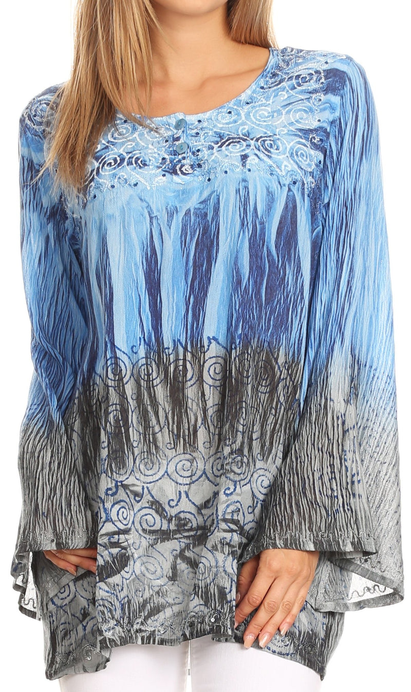 Sakkas Janel Long Bell Sleeve Tie Dye Blouse with Sequins and Embroidery