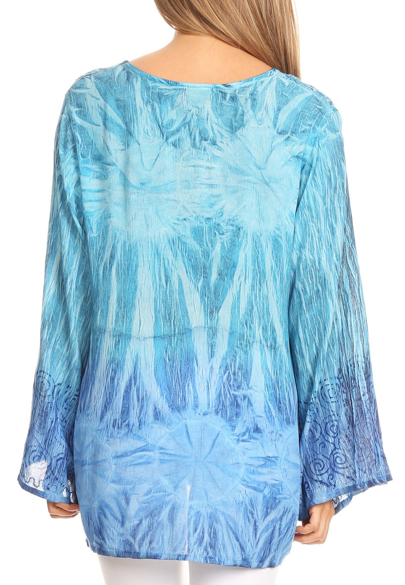 Sakkas Janel Long Bell Sleeve Tie Dye Blouse with Sequins and Embroidery