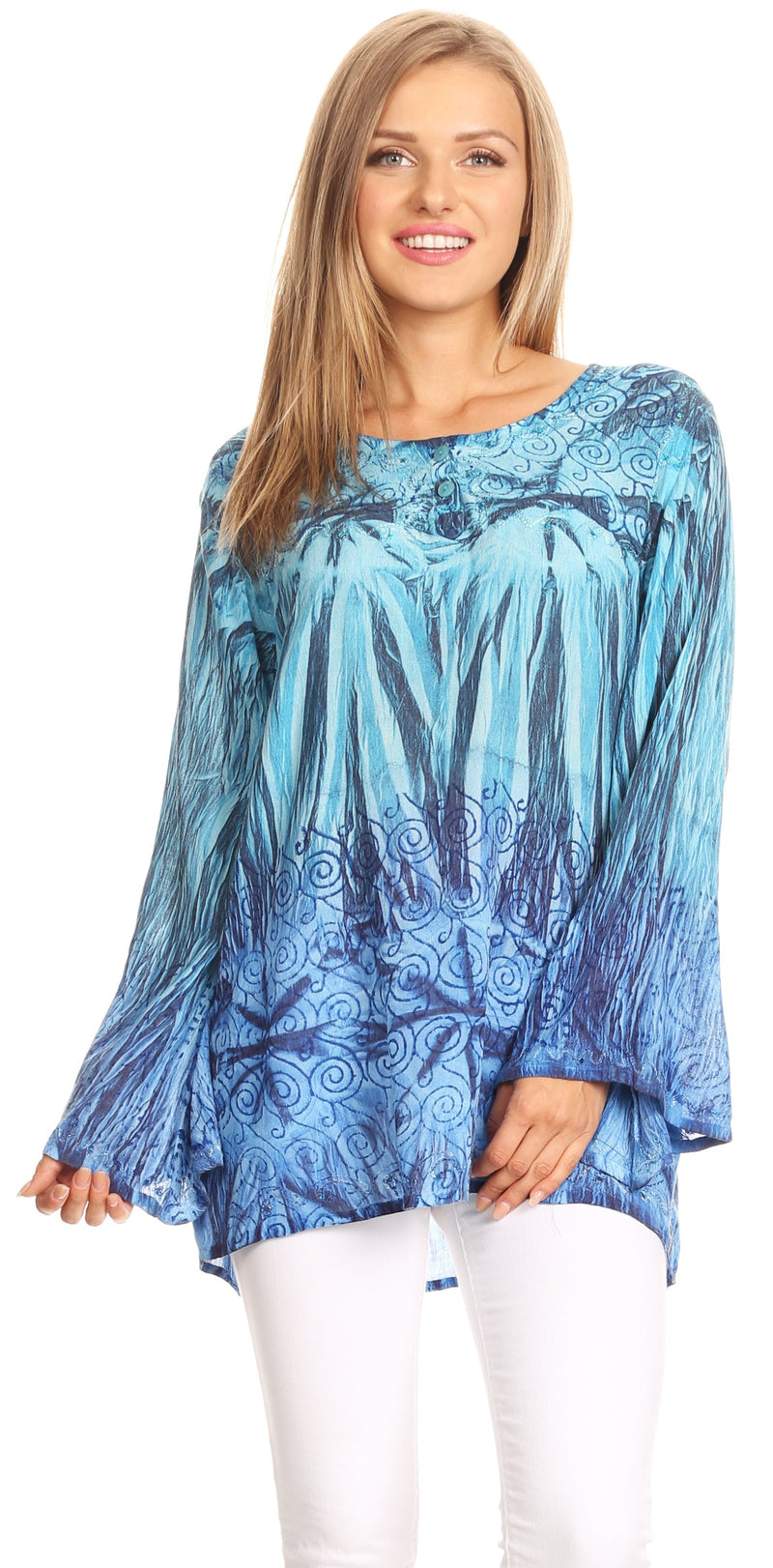 Sakkas Janel Long Bell Sleeve Tie Dye Blouse with Sequins and Embroidery