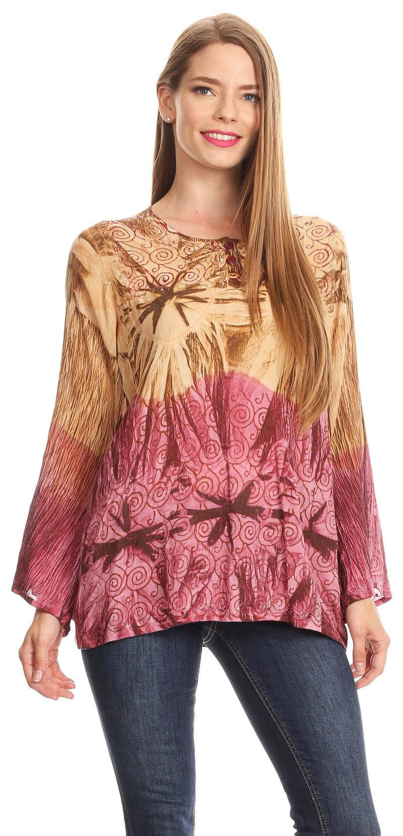 Sakkas Janel Long Bell Sleeve Tie Dye Blouse with Sequins and Embroidery