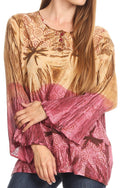 Sakkas Janel Long Bell Sleeve Tie Dye Blouse with Sequins and Embroidery#color_Burgundy/Brown