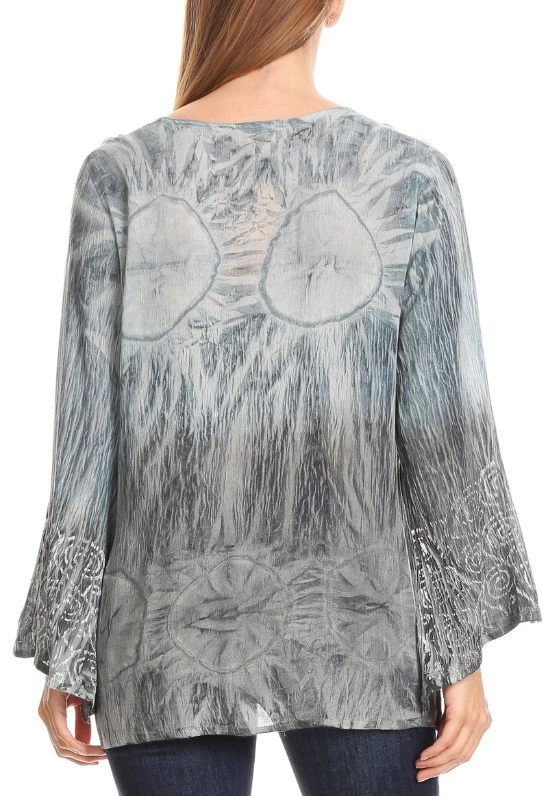 Sakkas Janel Long Bell Sleeve Tie Dye Blouse with Sequins and Embroidery