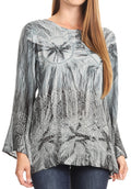 Sakkas Janel Long Bell Sleeve Tie Dye Blouse with Sequins and Embroidery#color_Grey
