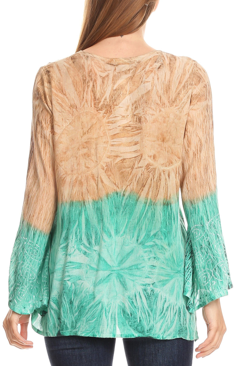 Sakkas Janel Long Bell Sleeve Tie Dye Blouse with Sequins and Embroidery