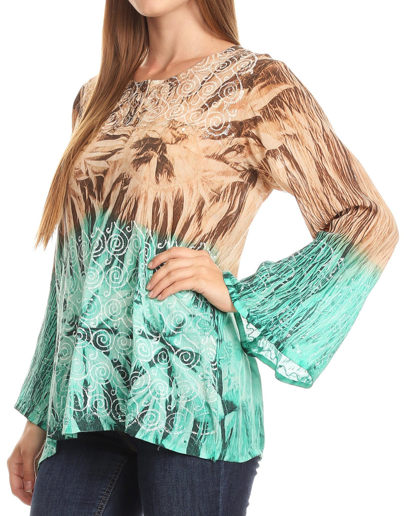Sakkas Janel Long Bell Sleeve Tie Dye Blouse with Sequins and Embroidery