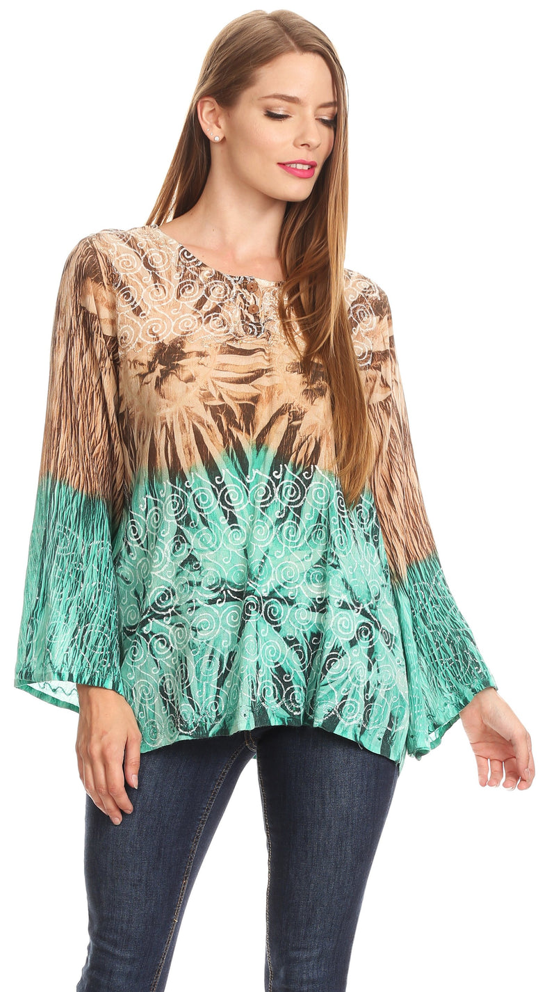 Sakkas Janel Long Bell Sleeve Tie Dye Blouse with Sequins and Embroidery