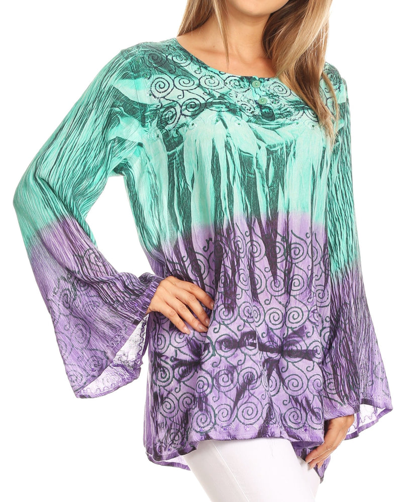 Sakkas Janel Long Bell Sleeve Tie Dye Blouse with Sequins and Embroidery