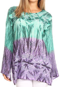 Sakkas Janel Long Bell Sleeve Tie Dye Blouse with Sequins and Embroidery#color_Purple / Green 