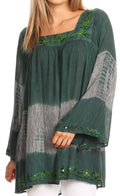 Sakkas Ohara Square Neck Bell Sleeve Stonewashed Top with Sequins and Embroidery#color_ArmyGreen