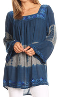 Sakkas Ohara Square Neck Bell Sleeve Stonewashed Top with Sequins and Embroidery#color_Blue