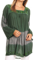 Sakkas Ohara Square Neck Bell Sleeve Stonewashed Top with Sequins and Embroidery#color_Green