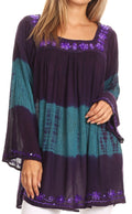 Sakkas Ohara Square Neck Bell Sleeve Stonewashed Top with Sequins and Embroidery#color_Purple