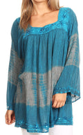 Sakkas Ohara Square Neck Bell Sleeve Stonewashed Top with Sequins and Embroidery#color_Turquoise