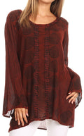 Sakkas Jayla Long Bell Sleeve Stonewashed Embroidered Top with Floral Print#color_Red