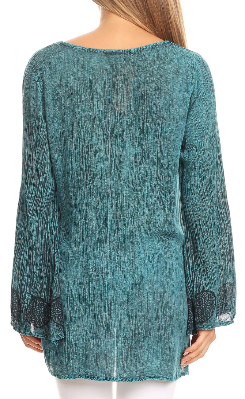 Sakkas Jayla Long Bell Sleeve Stonewashed Embroidered Top with Floral Print