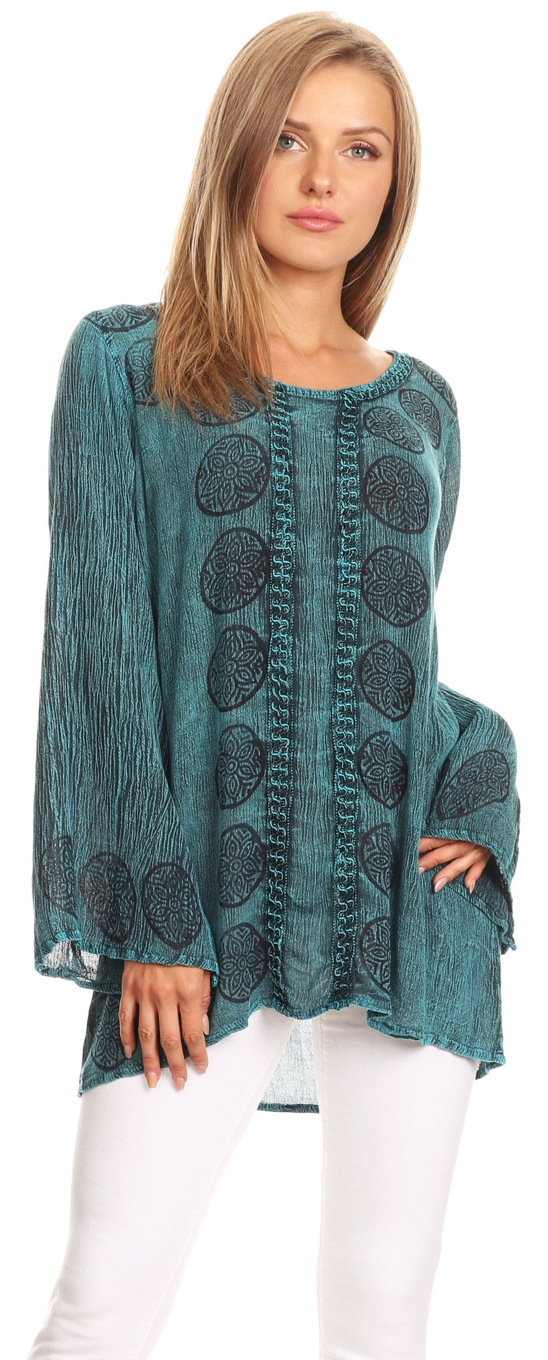 Sakkas Jayla Long Bell Sleeve Stonewashed Embroidered Top with Floral Print
