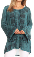 Sakkas Jayla Long Bell Sleeve Stonewashed Embroidered Top with Floral Print#color_Turquoise