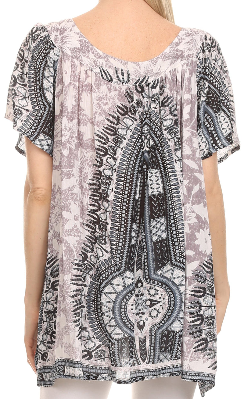 Sakkas Brinks Caftan Cap Sleeve Blouse Top Cover Up With Tribal And Fl