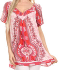 Sakkas Brinks Caftan Cap Sleeve Blouse Top Cover Up With Tribal And Floral Print#color_Pink