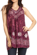 Sakkas Deja Embroidered Batik Scoop Neck Relaxed Fit Sleeveless Blouse#color_ Burgundy