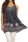 Sakkas Deja Embroidered Batik Scoop Neck Relaxed Fit Sleeveless Blouse#color_ Dusty Blue