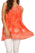 Sakkas Deja Embroidered Batik Scoop Neck Relaxed Fit Sleeveless Blouse#color_Melon