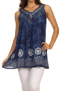 Sakkas Deja Embroidered Batik Scoop Neck Relaxed Fit Sleeveless Blouse#color_ Navy