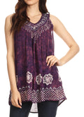 Sakkas Deja Embroidered Batik Scoop Neck Relaxed Fit Sleeveless Blouse#color_ Purple