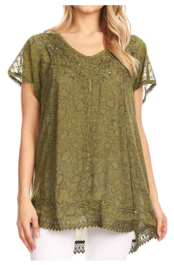 Sakkas Charolette Embroidery And Seqiun Accents Blouse#color_ArmyGreen