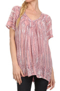 Sakkas Elaine Embroidered Batik Scoop Neck Relaxed Fit Flutter Sleeve Blouse#color_DustyRose