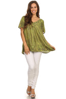 Sakkas Elaine Embroidered Batik Scoop Neck Relaxed Fit Flutter Sleeve Blouse