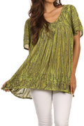 Sakkas Elaine Embroidered Batik Scoop Neck Relaxed Fit Flutter Sleeve Blouse#color_Green