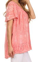 Sakkas Elaine Embroidered Batik Scoop Neck Relaxed Fit Flutter Sleeve Blouse