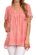 Sakkas Elaine Embroidered Batik Scoop Neck Relaxed Fit Flutter Sleeve Blouse#color_HotPink