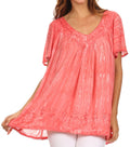 Sakkas Elaine Embroidered Batik Scoop Neck Relaxed Fit Flutter Sleeve Blouse#color_Pink