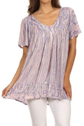 Sakkas Elaine Embroidered Batik Scoop Neck Relaxed Fit Flutter Sleeve Blouse#color_Purple