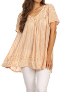 Sakkas Elaine Embroidered Batik Scoop Neck Relaxed Fit Flutter Sleeve Blouse#color_Sand