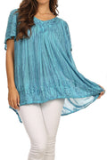 Sakkas Elaine Embroidered Batik Scoop Neck Relaxed Fit Flutter Sleeve Blouse#color_Turquoise