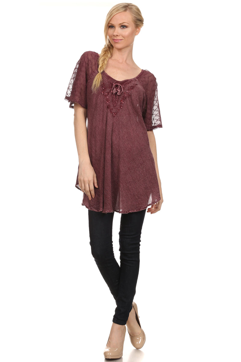 Sakkas Ellie Sequin Embroidered Cap Sleeve Scoop Neck Relaxed Fit Blouse