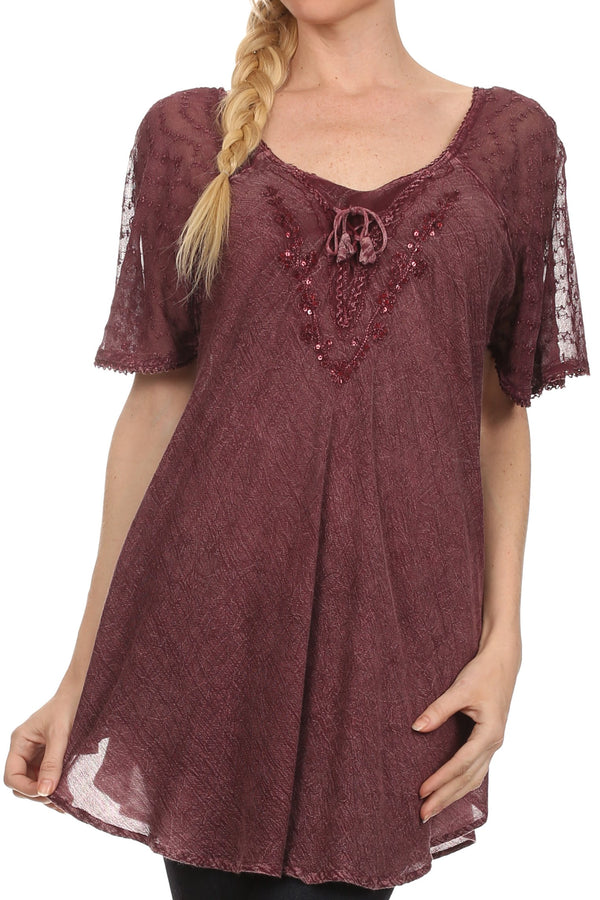 Sakkas Ellie Sequin Embroidered Cap Sleeve Scoop Neck Relaxed Fit Blouse#color_Burgandy 