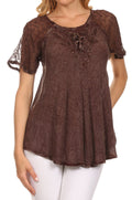 Sakkas Ellie Sequin Embroidered Cap Sleeve Scoop Neck Relaxed Fit Blouse#color_Chocolate