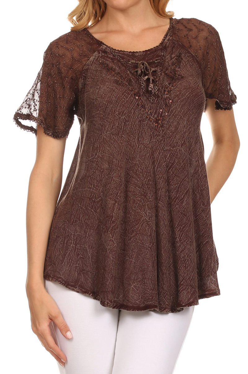 Sakkas Ellie Sequin Embroidered Cap Sleeve Scoop Neck Relaxed Fit Blouse