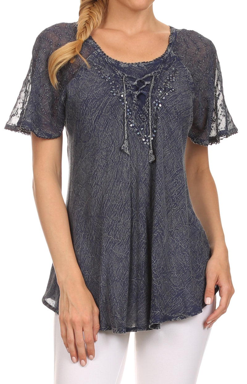 Sakkas Ellie Sequin Embroidered Cap Sleeve Scoop Neck Relaxed Fit Blouse