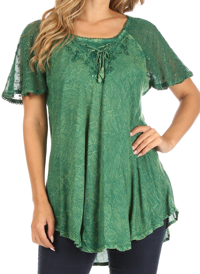 Sakkas Ellie Sequin Embroidered Cap Sleeve Scoop Neck Relaxed Fit Blouse