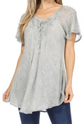 Sakkas Ellie Sequin Embroidered Cap Sleeve Scoop Neck Relaxed Fit Blouse#color_LightGrey