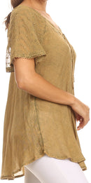 Sakkas Ellie Sequin Embroidered Cap Sleeve Scoop Neck Relaxed Fit Blouse